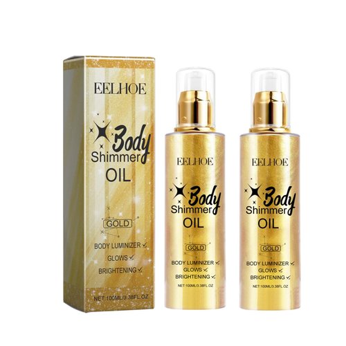 Body Shimmer Oil 100ml, Moisturizing Long Lasting Body Luminizer Face Brighten, Non-Sticky Party Body Luminizer, Body Oil for Radiant Glow, Body & Face Makeup, Glitter Gold Liquid Taning (2 Pcs)