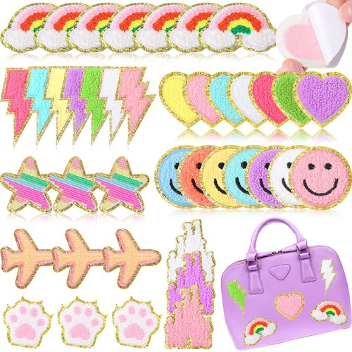 Yilloog 40 Pcs Self Adhesive Chenille Patches Colorful Cute Chenille Embroidered Patches Glitter Chenille Patches Sticker Applique for Clothing Fabric Jacket DIY Backpack Repair Decor(Cute)