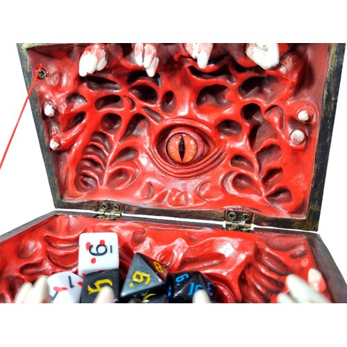 Power Beast Dungeon Mimic Chest Dice Storage Box with Glass Eye, Miniatures and Dungeons and Dragons Accessories, D&D Gift, DND, Dungeon Master, Holds up to 5 Sets of Polyhedral Dice. RPG Game. (RED)