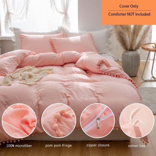 IHOUSTRIY Kid's Duvet Cover Twin Size,100% Washed Microfiber 2pcs Girl Bedding Duvet Cover Set, Pom Poms Fringe Solid Color Soft and Breathable with Zipper Closure & Corner Ties (Peach Pink, Twin)