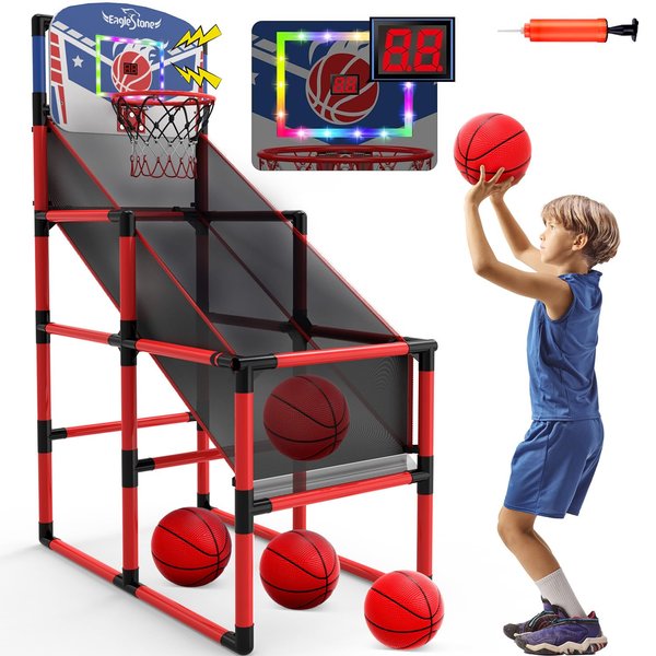 EagleStone 63IN Kids Arcade Basketball Hoop Indoor, LED & Scoreboard Basketball Arcade Game Set for Outdoor with Cheer Sounds, Kids Basketball Toys for Boys Girls Age 3-5 5-7 4-8