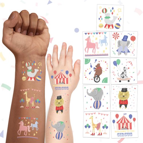 Cheerland 108 pcs Circus Animal Temporary Tattoos for Kids, Carnival Themed Birthday Pastel Face Tem Tats Baby Shower Wild One Party Favors Supplies