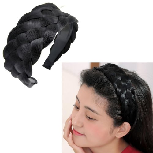 RFTWXHPN Black Wig Braided Headbands for Women 5 Strands Synthetic Wide Hair Bands Braid Headband for Women Girls Non Slip Braided Head Bands Chunky Hair Hoop Bands Braids Headband