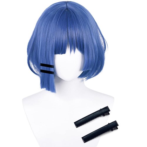 Aicos Short Blue Bob Wig Anime Cosplay wig for Rock and Roll with Black Hair Pins+Wig Cap