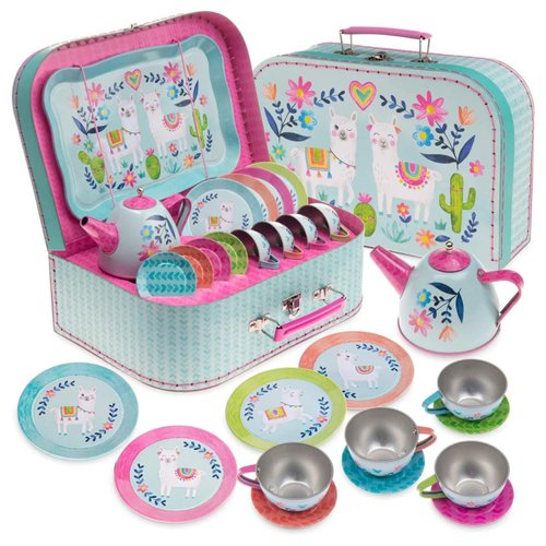 Jewelkeeper Tea Party Set for Girls - 15 Piece Tin Tea Set Includes Teapot, 4 Tea Cups, 4 Saucers, Plates, Tray, and Case - Llama Tea Party Set with Carrying Case - Ideal Kid Toys for Pretend Play
