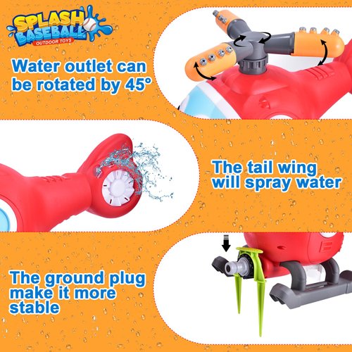 TANSAR Water Sprinkler Baseball Toy Set for Kids, Outdoor Water T Ball Game for Kids Ages 4-8, Summer Helicopter Toys for Backyard, Garden, Fun Games for Boys 5-7, Red