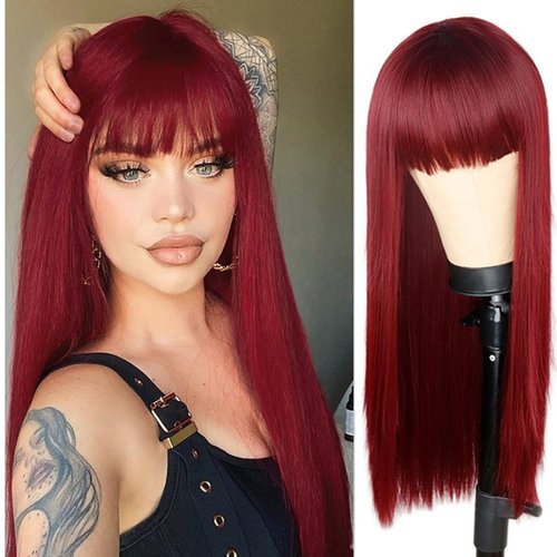 RightOn Red Wig Long Straight Wig with Bangs Long Wig Wine Red Straight Wigs Full Machine Wig for...