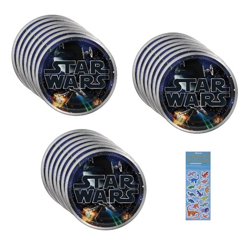 Unique Star Wars Classic Birthday Party Supplies Bundle Pack includes 24 Lunch Paper Plates and 1 Dinosaur Sticker Sheet