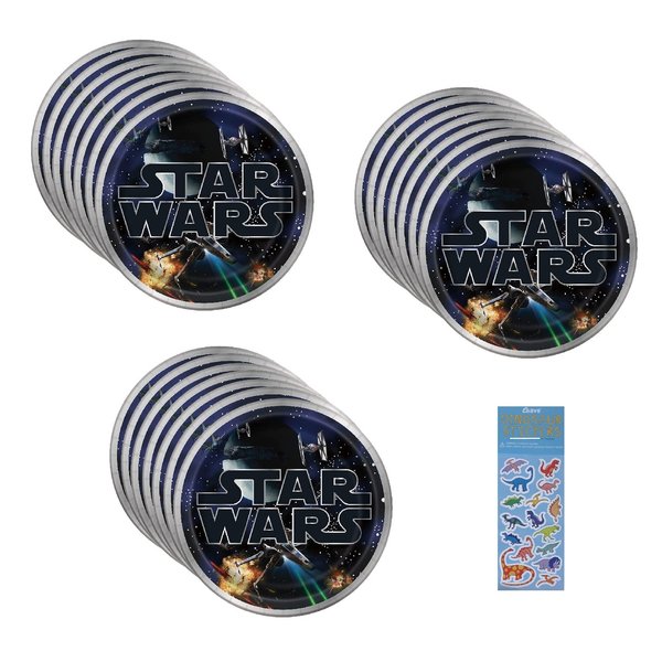 Unique Star Wars Classic Birthday Party Supplies Bundle Pack includes 24 Lunch Paper Plates and 1 Dinosaur Sticker Sheet