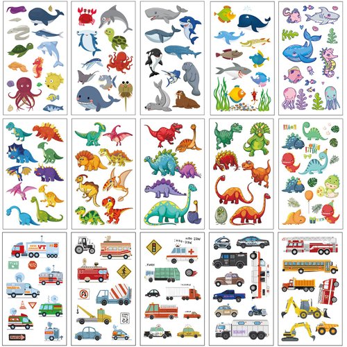 Apeso 30 Sheets Temporary Tattoos Kit for Kids, 300Pcs Fake Cute Tattoo Stickers Waterproof, Birthday Party Favor Christmas Stocking Stuffers (Dinosaur ＆ Sea Animal ＆ Vehicle)