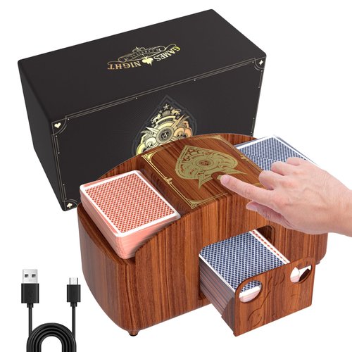 HJCMikee 1-2 Deck Automatic Card Shuffler, Retro Casino Poker Playing Cards Electric Shuffle Machine for UNO Skip bo Blackjack Canasta Game, Battery Operated Or USB-C Powered (Walnut Wood Grain)
