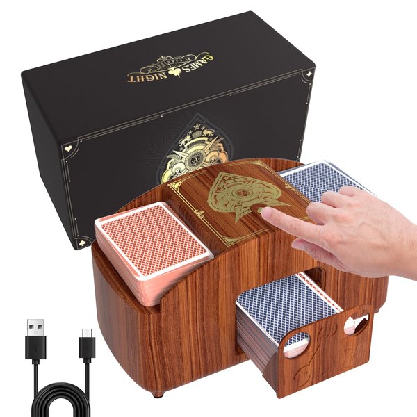 HJCMikee 1-2 Deck Automatic Card Shuffler, Retro Casino Poker Playing Cards Electric Shuffle Machine for UNO Skip bo Blackjack Canasta Game, Battery Operated Or USB-C Powered (Walnut Wood Grain)