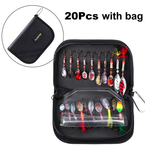 PLUSINNO Fishing Lures for Bass 20pcs Spinner Lures with Portable Carry Bag,Bass Lures Trout Lures Hard Metal Spinner Baits Kit (20pcs Spinner Set with Bag)