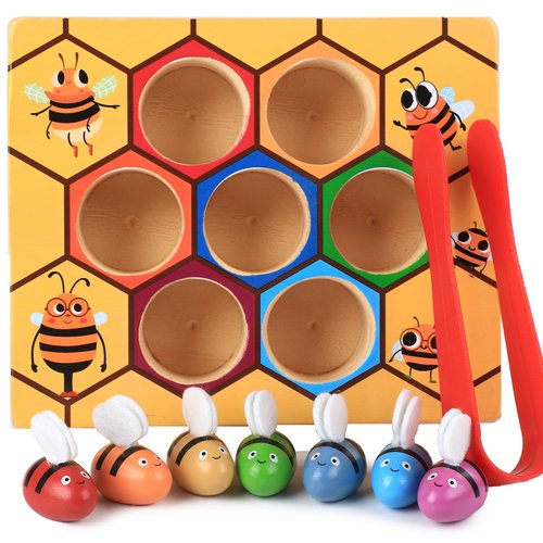 YUNCHY Toddler Fine Motor Skill Toy, Bee to Hive Matching Game, Montessori Wooden Color Sorting Matching Toy, Preschool Educational Learning Toys Gift for Toddler 2 3 Years Old