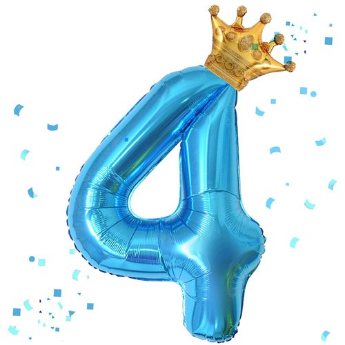 40 Inch Blue Number 4 & Mini Crown Balloon for Birthday Party Decorations, 4th Birthday Party Decorations Blue Theme Party Balloons Decorations Supplies