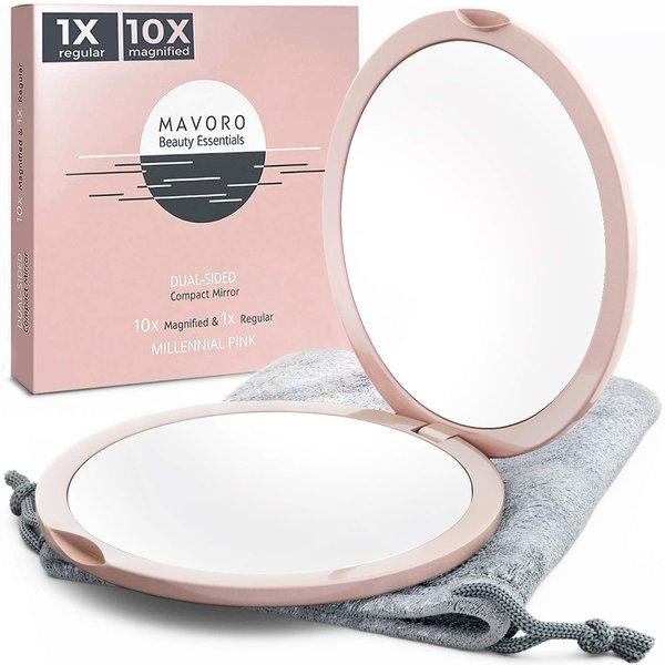 Magnifying Compact Mirror for Purses, 1x/10x Magnification – Double Sided Travel Makeup Mirror, 4 Inch Small Pocket or Purse Mirror. Distortion Free Folding Portable Compact Mirrors (Millennial Pink)