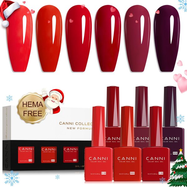 CANNI Red Gel Nail Polish Set - 6 Colors Bloody Mary 9ML Collection Popular Dark Red Burgundy Gel Polish Kit Nail Art Design Soak off UV LED Nail Gel DIY Manicure All Seasons Nail Salon