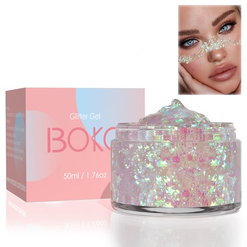 Boko 50ML Body Glitter Gel, Mermaid Chunky Glitter Gel for Face Hair Body Makeup, Cosmetic Face Glitter Gel for Christmas Party Concert Cheer Makeup Halloween Rave Accessories - Iridescent Cloud