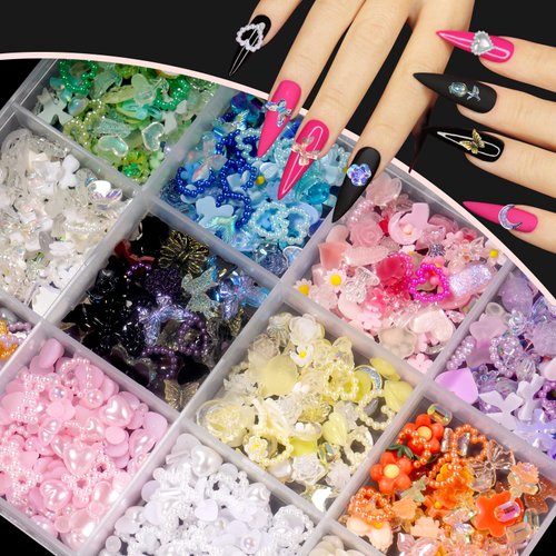 3D Mix Assorted Color Nail Charms Acrylic Multi Blue Purple White Heart Flower Butterfly Bowknot Cute Nail Charms Hollow Pearls Jewelry Nail Charms for Nail Art Design DIY Crafts Accessories
