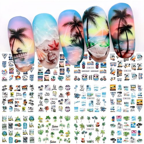 12 Sheets Beach Nail Art Stickers Summer Nail Decals Water Transfer Green Palm Nail Supplies Sunshine Beach Sea Wave Design Cool Summer Day Nail Decoration for Women Girls