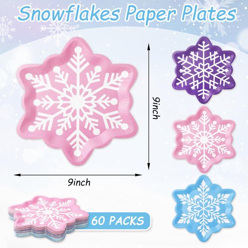 JarThenaAMCS 60Pcs Snowflake Paper Plates Christmas Pink Blue Purple Snowflake Shape Plates Snow Disposable Plates for Winter Xmas Holiday Party Tableware Supplies