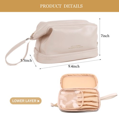 Abiudeng Makeup Bag, Double Layer, Portable Travel Leather Roomy Toiletry Cosmetic Bag for Women and Girls, White