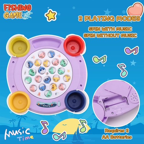 Pakoo Magnetic Fishing Game Toys, Rotating Board Game with Music Including 21 Fishes, 4 Random Color Fishing Poles and 4 Small Fish Buckets, Party Game Toys for Kids Age 4 5 6 7 8 and Up