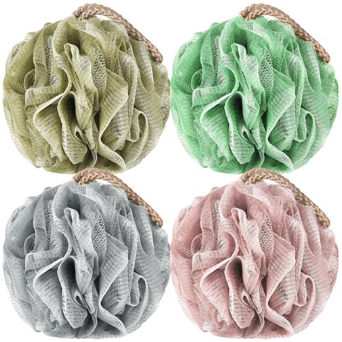 Loofah Sponge Pack of 4, Deep Cleansing Body Scrubber for Shower, Exfoliating Bath Sponge with Handle for Women and Men (001, 50g)