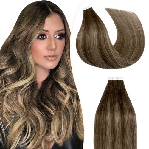 Tape in Hair Extensions Human Hair S-noilite 16 Inch Tape in Extensions Human Hair #4T4P27 Chocolate Brown to Caramel Blonde Balayage Seamless Straight Tape in Human Hair Skin Weft 20pcs 50g/pack