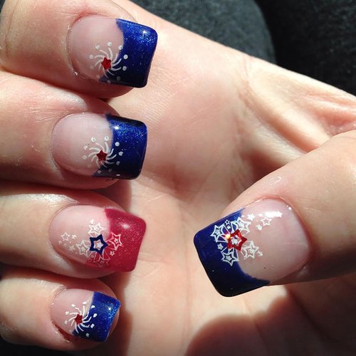 Blue Red French Tip Press on Nails Short Square Fake Nails Star Glitter Full Cover 4th of July Press on Nails Glue on Nails Reusable Artificial Independence Day False Nails for Women Acrylic Nails