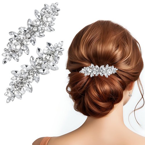Sibba Flower Hair Clips 2 PC Wedding Hair Pins Bridal Prom Rhinestone Decorative Jewelry Barrettes Decoration Brooches Bridesmaid Ponytail Holder Crystal Sparkly Formal Elegant Bling Side Clip Half Up