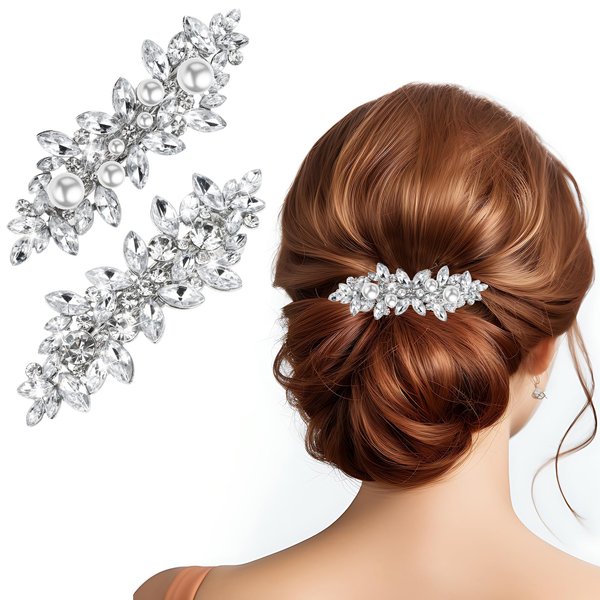 Sibba Flower Hair Clips 2 PC Wedding Hair Pins Bridal Prom Rhinestone Decorative Jewelry Barrettes Decoration Brooches Bridesmaid Ponytail Holder Crystal Sparkly Formal Elegant Bling Side Clip Half Up