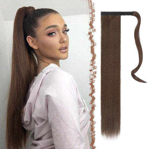 FESHFEN Straight Long Ponytail Extensions 28 Inch Wrap Around Synthetic Medium Chestnut Brown Pon...
