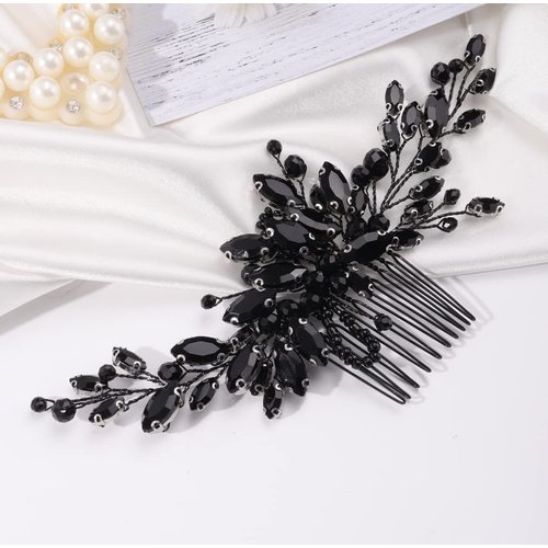 Missgrace Women's Handmade Gothic Black Full Rhinestones Side Hair Comb for Prom Party Special Occasion Punk Headpiece (Black, 17 cm x 7 cm)