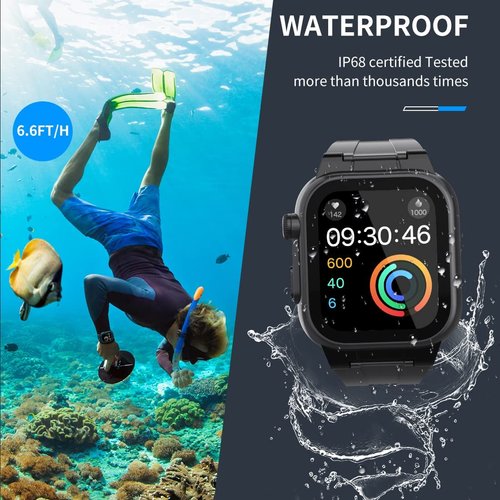 Labold Waterproof Case with Band for Apple Watch 45mm 44mm 42mm 41mm 40mm 38mm, IP68 Water Proof 100% Full Body Rugged Case with Screen Protector for iWatch Series 9 8 7 6 5 4 3 2 SE SE2, Black