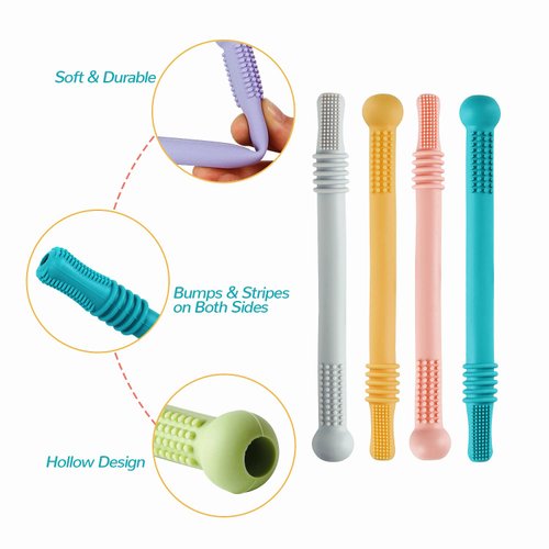 Chuya 6 Pack Hollow Teether Tube, Silicone Tubes Baby Teether Toys, Chew Straws Toy for 3-12 Months Babies Molars, Teething Relief Baby Teethers,BPA Free/Freezable,Dishwasher Safe,Easy to Clean