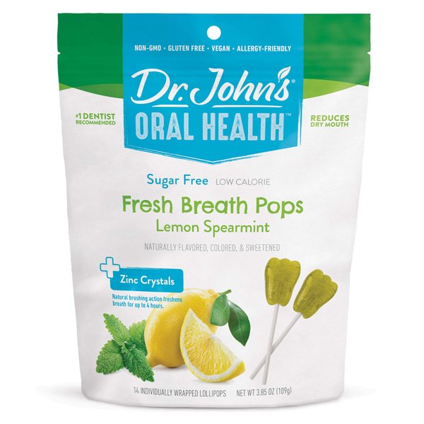 Dr. John’s Oral Health Sugar Free Candy, Healthy Breath Pops with Zero Sugar, Low Calorie Snacks, Keto Friendly Hard Candy Sweets, Lemon Spearmint, 14 Count, 3.85 OZ