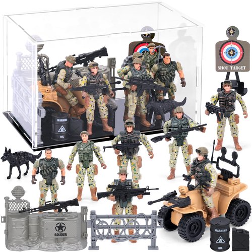 Shindel 29PCS Military Action Figures with Acrylic Display Case, 4" Special Operation Soldiers Movable Army Men Toys with Weapons and Plenty of Accessories