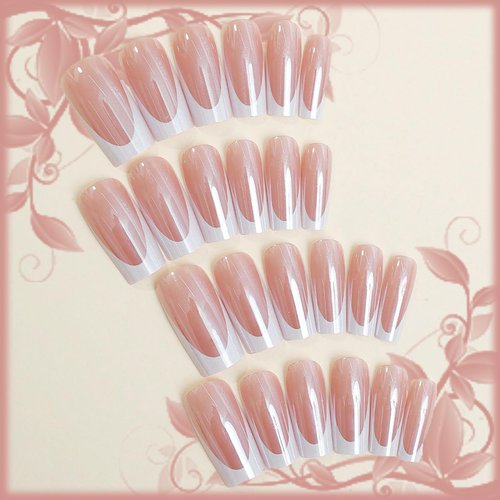24Pcs White Chrome Medium Square Press on Nails with Mirror Metal Design, Glossy Pink False Nails Gel Glue on Nails, Sparkly Metallic Manicure Art Acrylic Fake Nails Stick on Nails for Women Girls