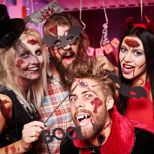 30 Sheets Halloween Fake Scars Tattoos Makeup Kit, Fake Blood Fake Stitches Vampire Cut Scary Face Zombie Makeup Sticker Set Suitable for Halloween Party Cosplay