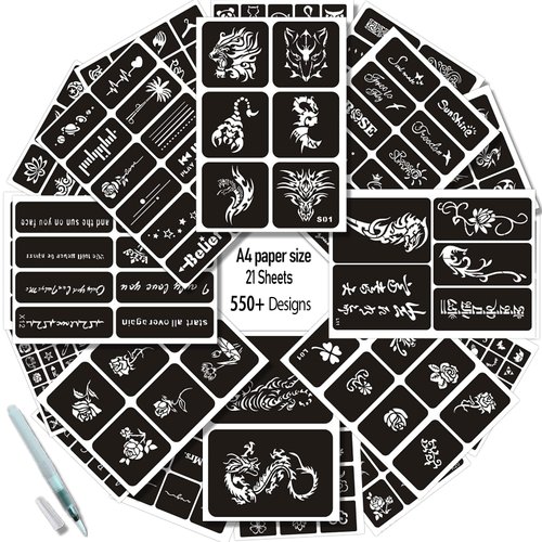 Aresvns Henna Tattoo Stencil Reusable 550+ Designs,Glitter Tattoo Stencil 21 Sheets,Temporary Tattoo Template,Airbrush Tattoo Stencils,Cool Stickers