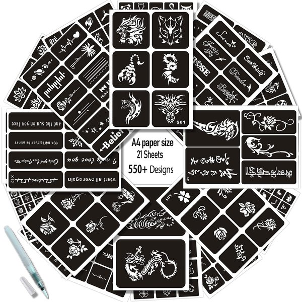 Aresvns Henna Tattoo Stencil Reusable 550+ Designs,Glitter Tattoo Stencil 21 Sheets,Temporary Tattoo Template,Airbrush Tattoo Stencils,Cool Stickers
