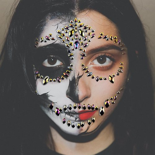 Halloween Sugar Skull Face Gems Jewels Skull Temporary Rhinestone Face Tattoo Day Of The Dead Face Decal Tattoo Stickers For Halloween Festival Rave Party Festival Accessories (Black Gold)