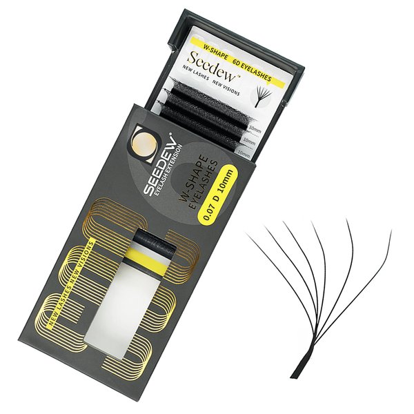 SEEDEW 6D Lash Extensions, 0.07mm D Curl 10mm 12 Rows/Tray, W Shape Flat Stem, Korean PBT Mega Volume False Eyelashes Grafting for Beginner Artist, Lash Tech, Beauty Salon(6D-Matte Black-0.07-D-10mm)