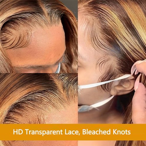 WOWQUEEN Ombre Lace Front Wig Human Hair 4/27 Highlight Honey Blonde 13x4 HD Transparent Lace Front Wigs Human Hair Pre Plucked Colored Glueless Body Wave Frontal Wigs for Women 180% Density 24 Inch