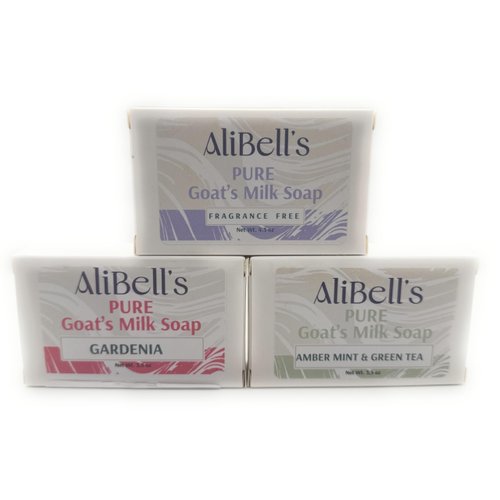 AliBell's Goat Milk Soap Bars, 3 Pack, 3.5 oz each, Unscented, Gardenia, Amber Mint,