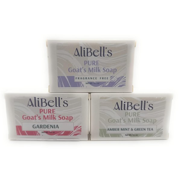 AliBell's Goat Milk Soap Bars, 3 Pack, 3.5 oz each, Unscented, Gardenia, Amber Mint,