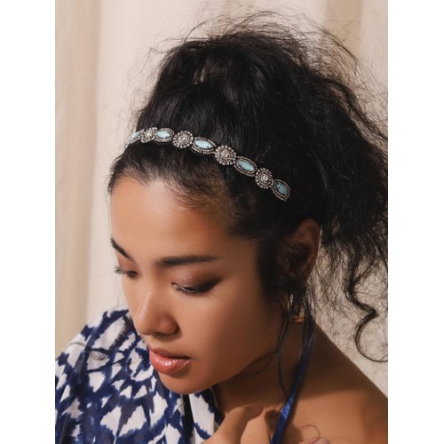 MINACHI Bohemian Beaded Sewn Rice Hair Band with Created Turquoise Beads, Elastic Cotton Rope, All-Match Face Hair Accessories, Ethnic Style for Women