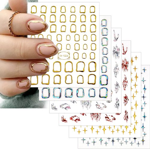 9 Sheet Nail Art Stickers Decals Gold Irregular Geometric Frames Design Nail Stickers Laser Flame Wavy Silver Line Star 3D Self-Adhesive Nail Decals Acrylic Nails DIY Decorations