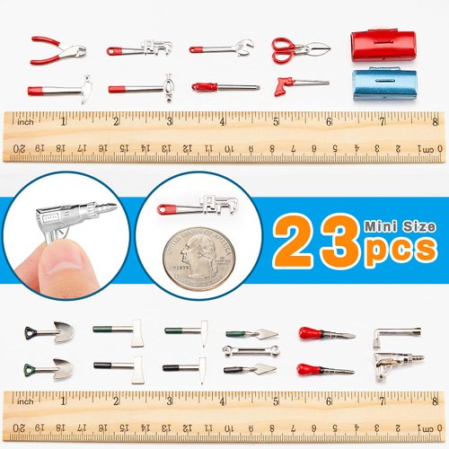 Aoriher 23 Pieces 1:12 Miniature Dollhouse Tools Dollhouse Metal Repair Tool Miniature Scene Model Work Tools with 2 Tin Boxes for Dollhouse Decoration Child Pretend Toy DIY Crafts Ornament